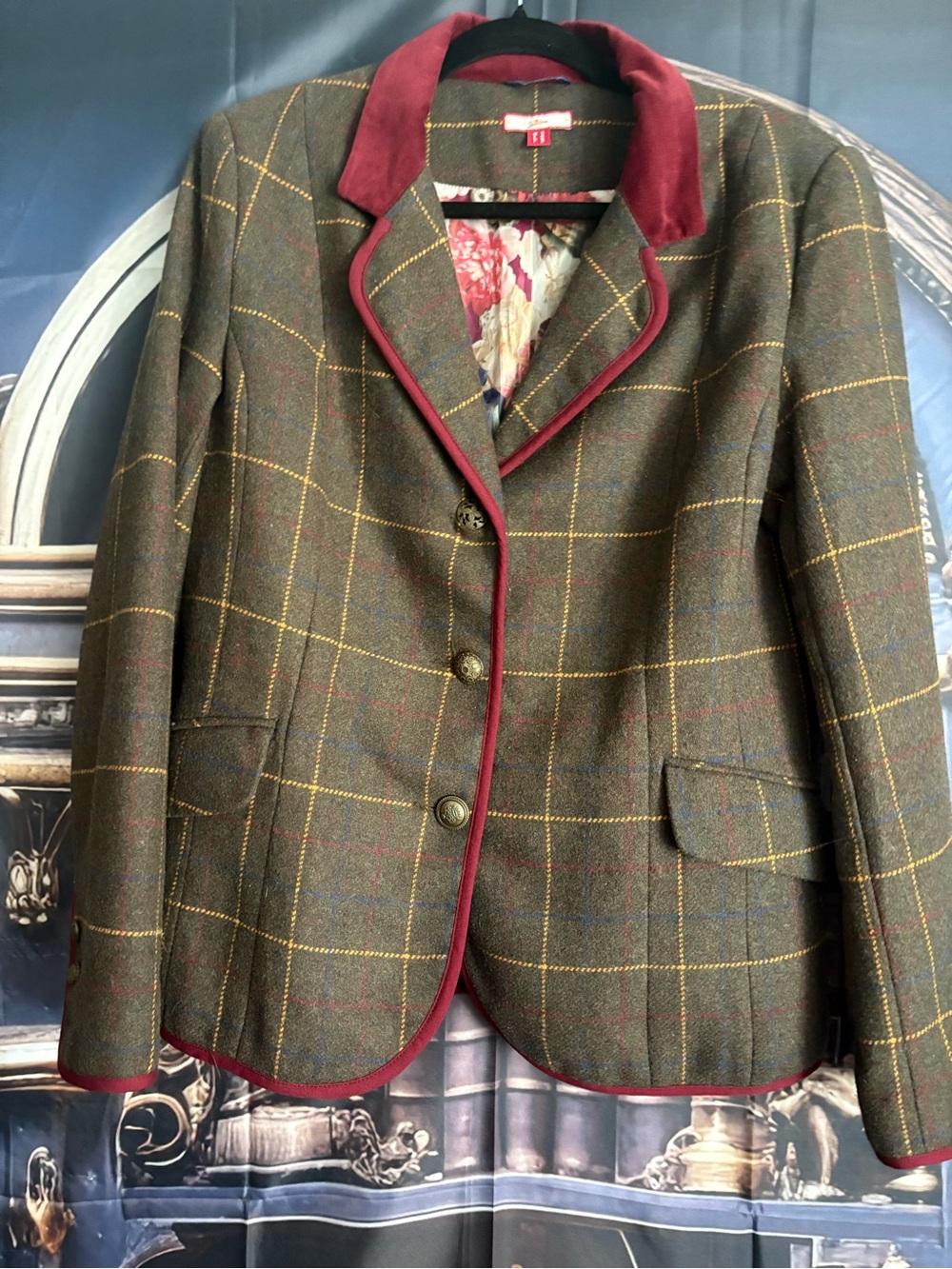 Joe Browns Olive Windowpane Tweed Blazer with Burgundy Trim